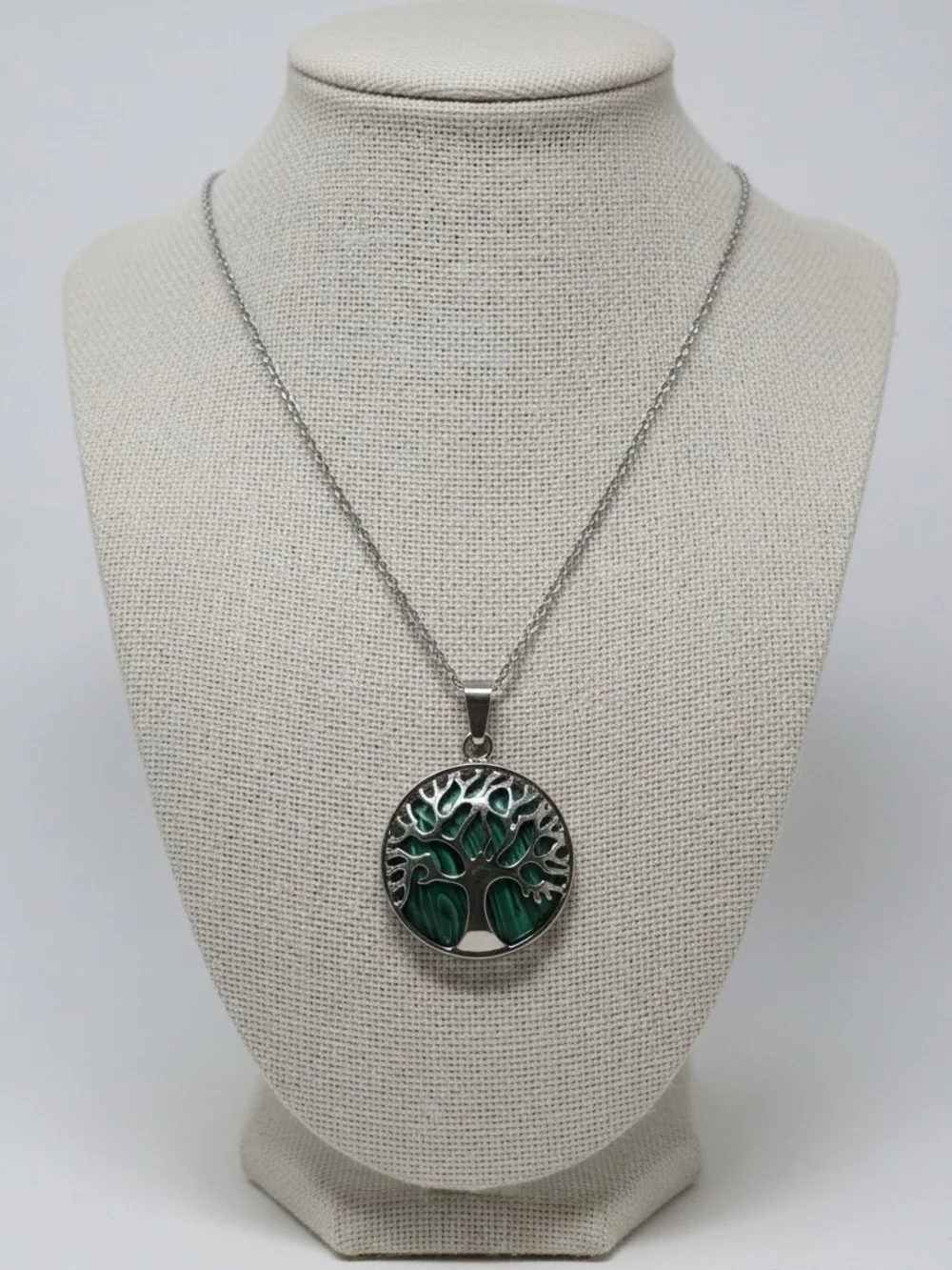 Silver-Tone Tree of Life Necklace with Emerald Green Enamel